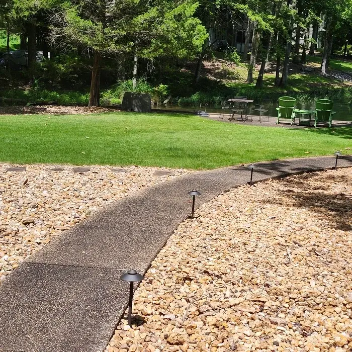 Low-voltage landscape lighting installed beside a stone walkway